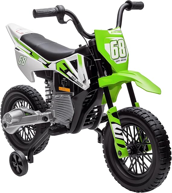 Qaba Kids Dirt Bike with Twist Grip Throttle 12V for Toddler Music Green | Electric Motorcycle, Electric Bike, Training Wheels, Spring Suspension
