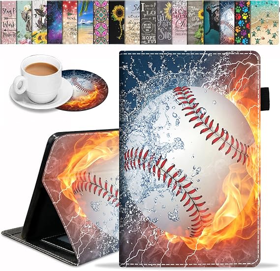 Case for Amazon Fire HD 10 Tablet (9th/7th Gen, 2019/2017 Release), Premium PU Leather Cover with Auto Sleep Wake Feature Folio Case for Fire 10.1" Tablet, Burning Baseball Fire and Water
