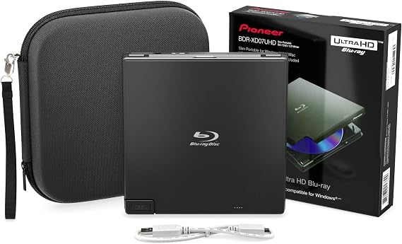 Pioneer BDR-XD07UHD 4K Blu-ray Portable Burner & DVD Player - 6x Slim External BDXL BD DVD & CD Drive for Windows & Mac, 3.0 USB CD Player Write & Read / Laptop or Desktop with Carrying Case Black