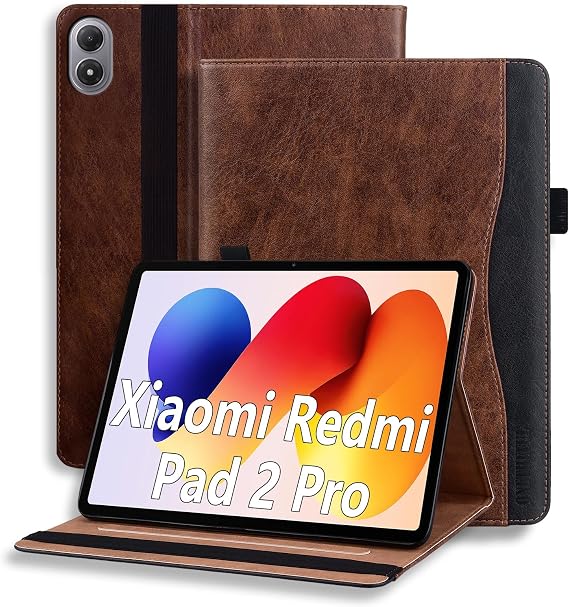 Protective Case for Xiaomi Redmi Pad 2 Pro 12.1 Inch 2025 - PU Leather Tablet Case with Multi-Purpose Holder 2 Card Slots & Pen Case Non-Slip Brown