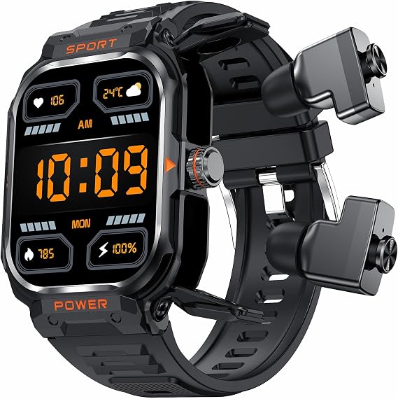 Military Smart Watch with Earbuds,Bluetooth Call Smartwatch TWS Wireless Earphones for Android iOS Phones Fitness Watch Heart Rate Sleep Monitor Sports Step Calorie Counter Pedometer 2.01" HD Screen
