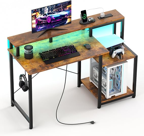 CAIYUN Computer Desk with Printer Stand, 48 Inch Computer with Power Outlets & Adjustable LED, Office Desk with Monitor Stand Rise, Teen Study Working Table, Brown