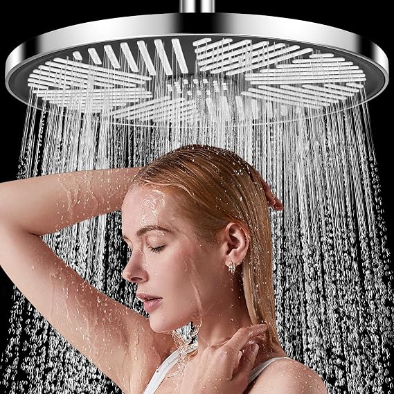 Waterfall Shower Head, Rainfall Shower Head High Pressure, 10 Inch Round Overhead Showerhead, Large Rain Shower Heads, Fixed Showerhead Replacement with Chrome Finish Universal Fitting
