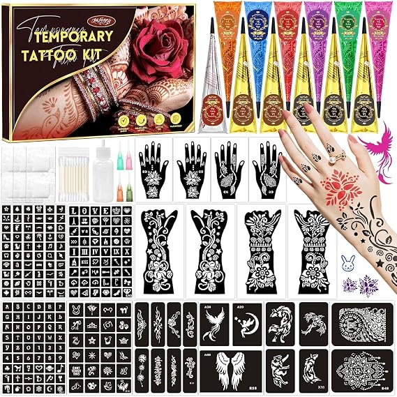 217 PCS Temporary Tattoo Stencil Kit with 12 Tattoo Cones in 9 Colors,16 Sheet Designed Tattoos Pattern Templates for Kids Adults, Body Art DIY Skin Painting Gifts Set for Party Festival