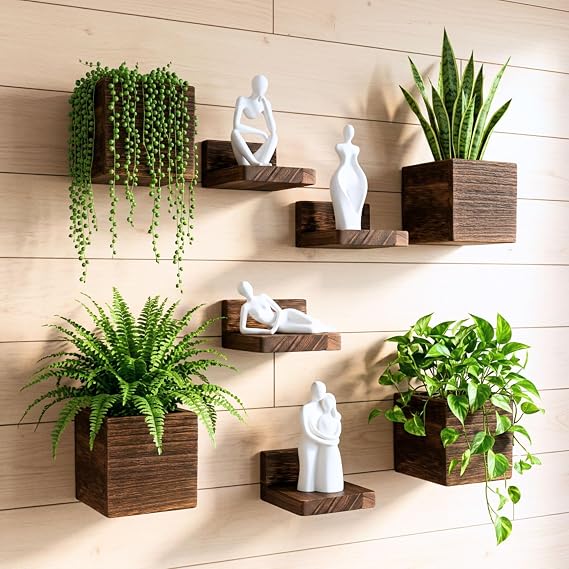 LaLaGreen Wall Planter 8 Pack (4 Boxes + 4 Shelves) Wooden Square Wall Hanging Planters with Floating Shelf, Small Cube Planter Boxes for Indoor Plants, Centerpieces, Living Room Home Decor Display