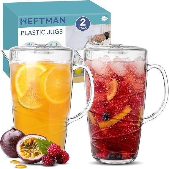 HEFTMAN Clear Plastic Jugs 2 Litre - 2 Pack Plastic Jug with Lid