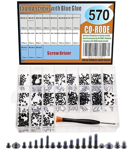 CO-RODE 571pcs 19-Size Laptop Screws, Computer Screw Set w/Blue Glue,Screw Driver, for SSD Motherboard Fan Power Graphics Hard Drive