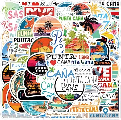 62pcs Punta Cana Stickers Pack, Aesthetic Cartoon Cute Vinyl Waterproof Decals for Water Bottle,Laptop,Phone,Skateboard,Scrapbooking,Bumper for Party Supply