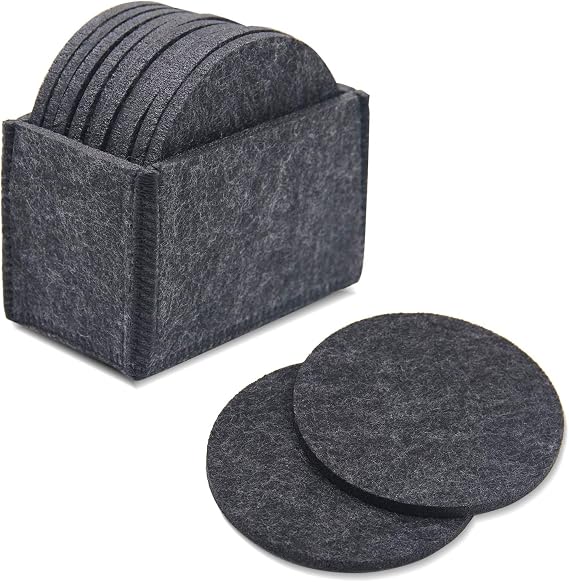 Meffort Inc Set of 10 Felt Coaster Set with Holder, Table Coasters for Drinks, Absorbent & Protect Furniture & Table - Black
