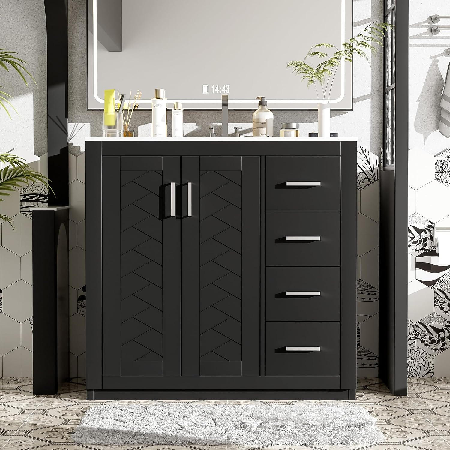 36 Bathroom Vanity with Ceramic Sink Combo, Solid Wood Frame Bathroom Storage Cabinet, Freestanding Vanity Set with 3 Drawers & Soft Closing Doors, Black