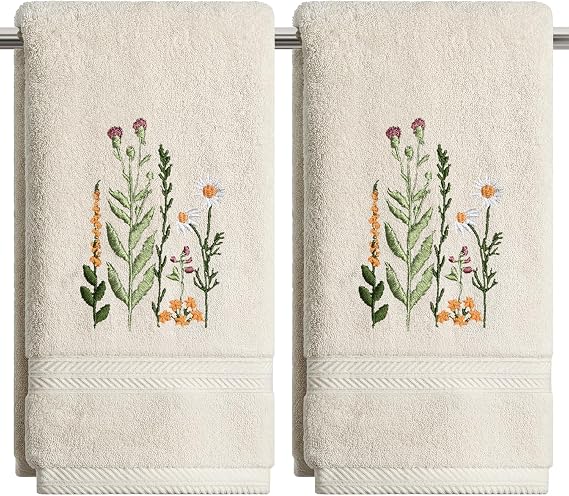 Artoid Mode 2 Pcs Beige Wildflower Floral Embroidered Hand Towels for Bathroom, 100% Cotton Soft Absorbent Farmhouse Decor Towels, 13.7 x 29.5 Inch