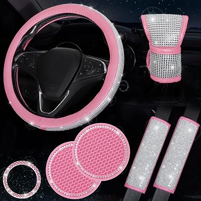 Bling Steering Wheel Cover Set of 7, Crystal Diamond Rhinestone Pink Car Accessories for Women, Seat Belt Cushion, Gear Shift Cover,Push Start Ring, Car Cup Holder Coaster, Pink
