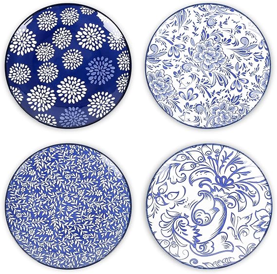Selamica Dessert Plates Ceramic, 6 Inch Embossed Small Plates for Appetizer, Cake, Snacks, Microwave Dishwasher Safe, Set of 4, Blue