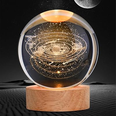 3D Solar System Crystal Ball 80mm Laser Engraved Solar System Model with Wooden Base, Astronomy Decor & Space Gifts for Kids, Physics Enthusiasts, and Collectors