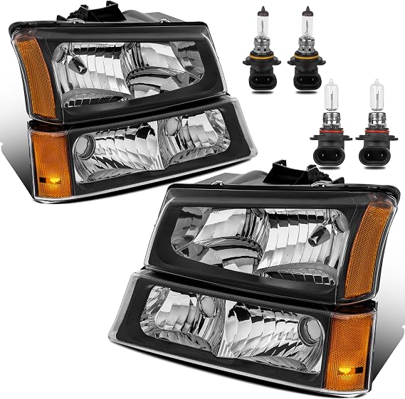 KUIPERAUTO Headlight Assembly Compatible with 2003-2006 Chevy Avalanche/2003-2007 Chevrolet Silverado 1500 2500 3500 Headlamp w/Bulb with Black Housing/Clear Lens/Clear Cornor
