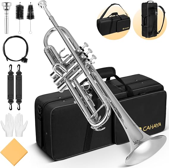 CAHAYA Bb Trumpet Instrument Trompeta: Nickel Student Trumpet with Hard Case 7C Mouthpiece Gloves Standard Trumpets for Beginners or Advanced Students Silver | Bb Student Trumpet with Hard Case 7C Mouthpiece Gloves Smooth Valves Standard Trumpets for Beginners or Advanced Students