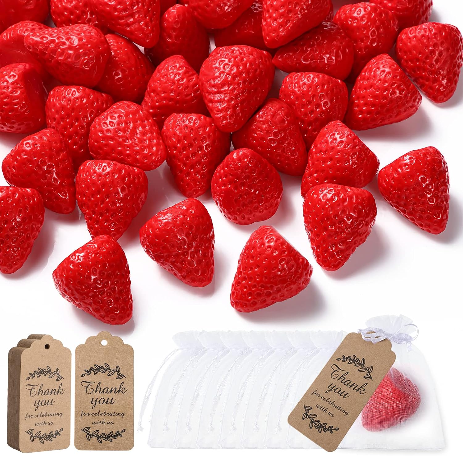 Loopeer 48 Set Strawberry Baby Shower Soaps Favors Handmade Scented Strawberry Soap with Thank You Cards Organza Bags for Baby Shower Guest Gift Gender Reveal Favor