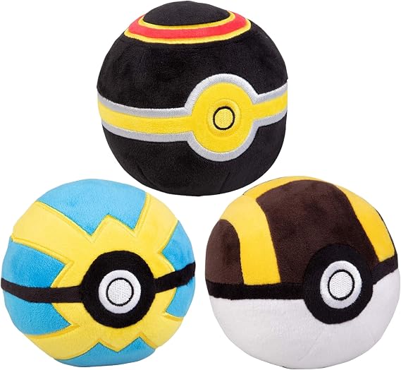 Wicked Cool Toys Pokemon 4" Pokeball Plush 3-Pack - Ultra, Luxury & Quick Balls - Soft Stuffed Poke Balls with Weighted Bottom - 3+