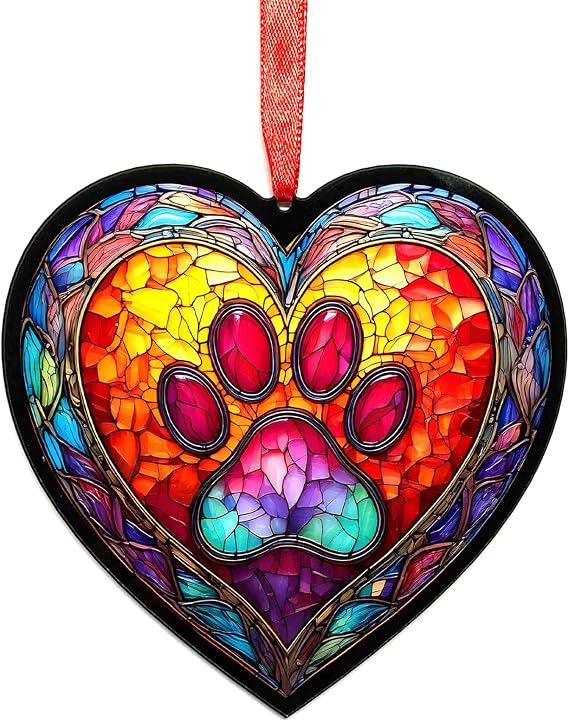 Paw Print Stained Glass Effect Heart Suncatcher - Garden Gift - Dog Gift - Pet Memorial (19cm)