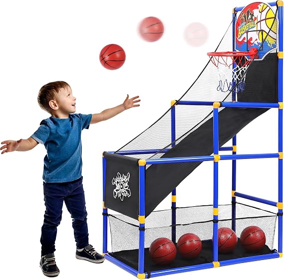 Kiddie Play Arcade Basketball Game Set for Kids 4 Balls and Hoop | Air Pump, Mesh Storage Basket, Indoor & Outdoors Sport Toys