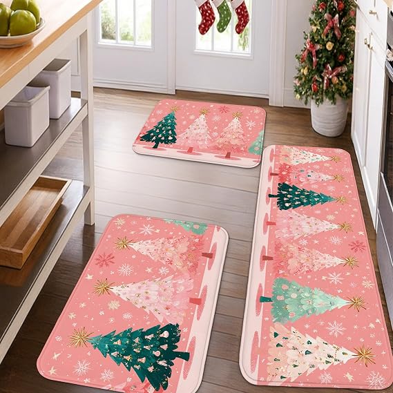 Christmas Kitchen Mats for Floor, Peach Trees Festive Cozy Mats, Cushioned Comfort Washable Non Slip Decor Rugs for Kitchen Sinks Laundryroom Bathroom 3pcs