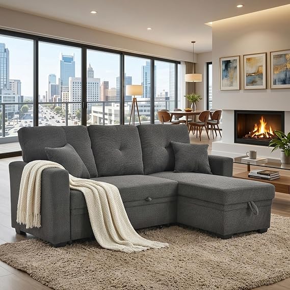 71" Convertible Sectional Sleeper Sofa Bed with Storage Chaise, 3 Seater L Shaped Reversible Pull Out Couch Bed with 2 Pillows, Small Sectional Corner Couch for Living Room, Apartment, Dark Grey