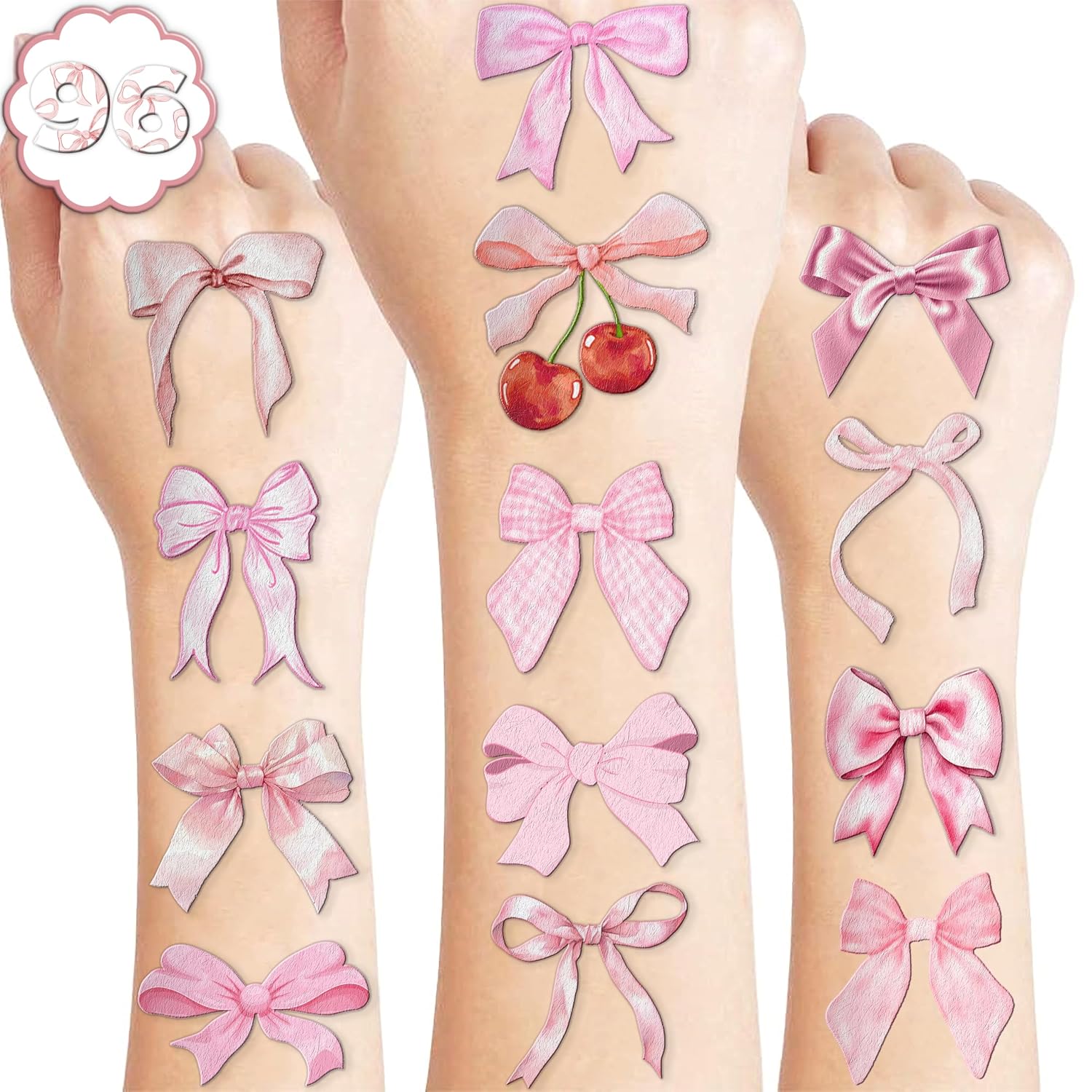 96 PCS Pink Bow Pre-Cut Temporary Tattoos Themed Birthday Party Decorations Decor Supplies Favors Funny Girl Coquette Knot Tattoo Stickers Gifts For Game Boys Girls Classroom School Prizes Normal