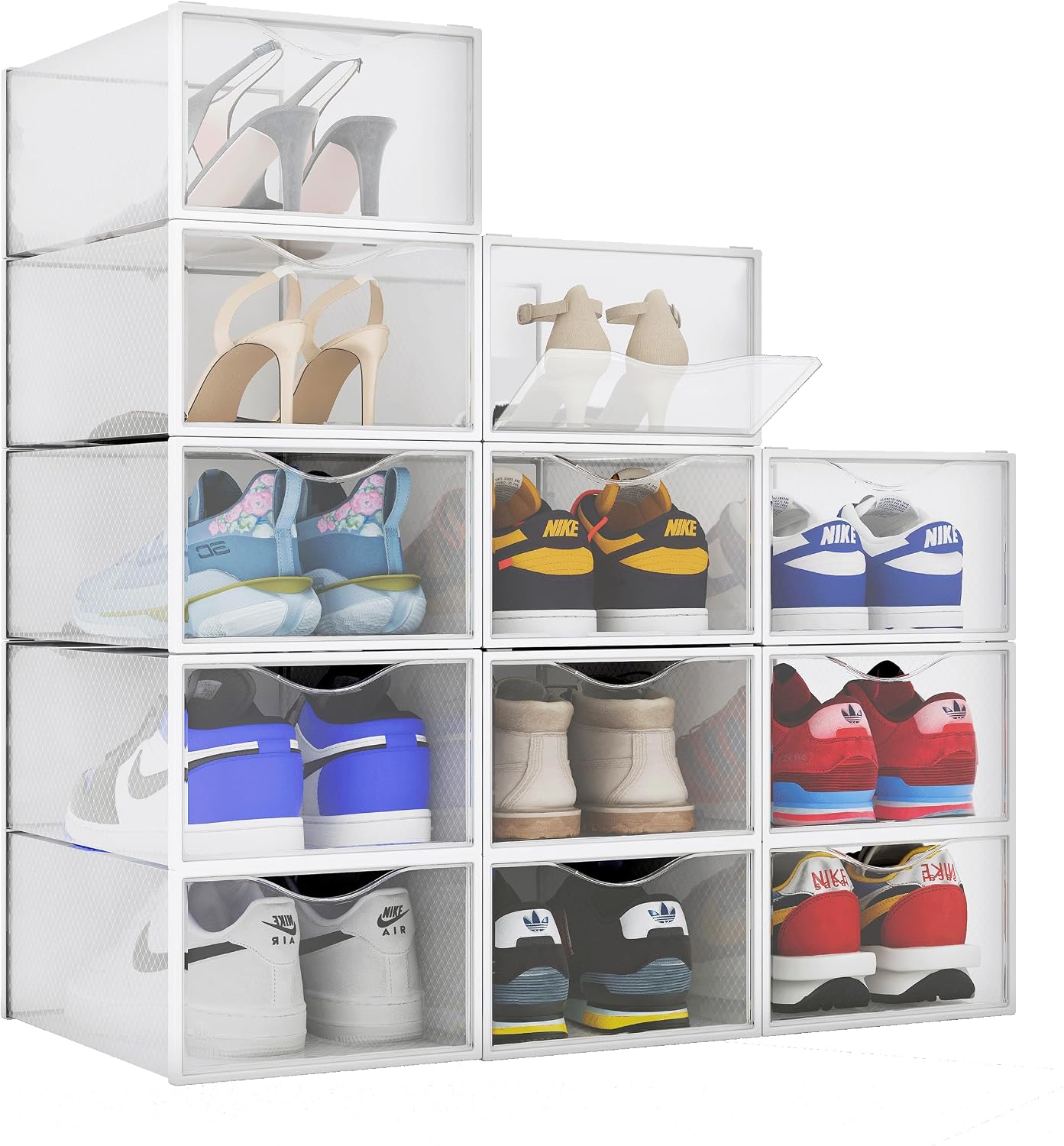 BINO 12-Pack Plastic Stackable Shoe Box Set - Clear | Foldable Shoe Storage Container | Sneaker Container Shoe Bins | Shoe Rack Box | Transparent Shoe Box | Portable Stacking Shoe Boxes Front Open