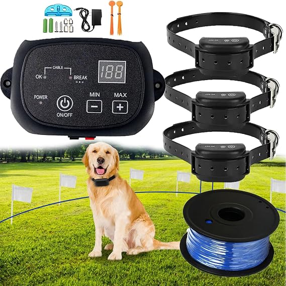 Electric Dog Fence System,In-ground/Aboveground Pet Boundary Containment System,Covers up to 3/4 Acre(650 Ft Wire,Waterproof & Rechargeable Collar,Shock/Tone Correction,for3dogs