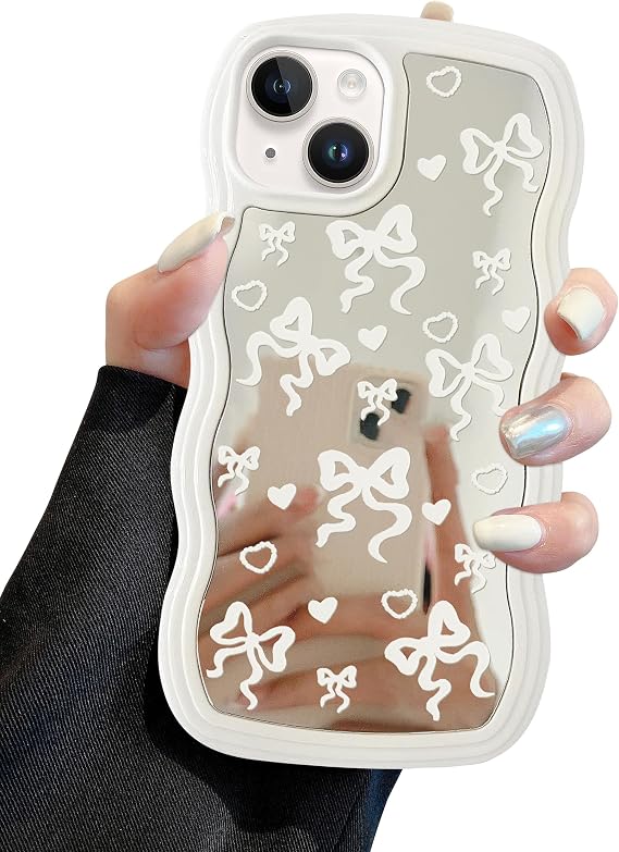 Jusy Compatible with iPhone 13/14 Case with Wavy Edge, Cute White Big Bow Mirror Curly Phone Cases, Shockproof Hard PC & Soft TPU Bumper Protection Cover for Women Girls-Big Bow