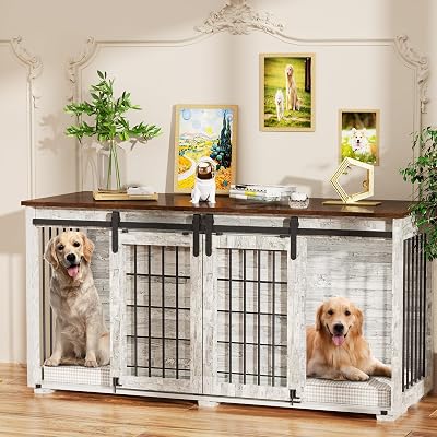 EBE Dog Crate Furniture, 63Wooden Dog Kennel with Removable Divider and Sliding Door, Dog Crates with Double Rooms, Heavy Duty Dog Crate Table Indoor TV Stand for Small Medium Large Dogs