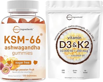 Micro Ingredients Vitamin D3 10,000IU  K2 MK-7 200mcg Softgels & KSM-66 Ashwagandha Gummies 300mg | 2 Pack Bundle | Essential D & K Sunshine Vitamins | Sugar Free Mango Passion Fruit Flavor