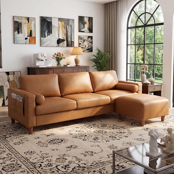 Vesgantti 100" L-Shaped Faux Leather Couch, Modular Sectional Sofa, Camel