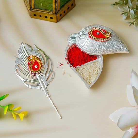 Webelkart Art Deco Silver Roli Chawal Box with Leaf Motif – Red Velvet Interior – Kumkum, Chandan, Haldi, Sindoor – Puja & Festival Gift