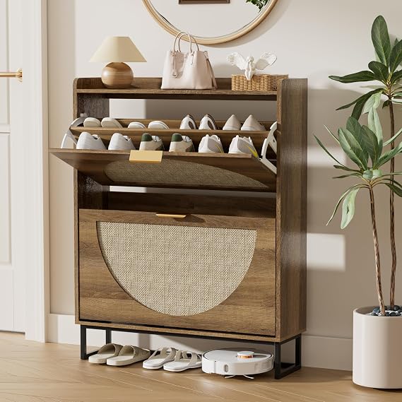 BonVache Shoe Chest with 2 Drawers Rattan Design Shoe Cabinet Slim Wood for Hallway Shoe Storage with Metal Legs Shoe Organiser for Entrance Area Living Room Bedroom 80 x 24 x 101 cm
