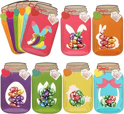 Giiffu 48-Pack Easter Mason Jar Cards with 50 Clear Treat Bags - DIY Easter Basket Stuffers Party Favors for Kids, Classroom Egg Hunt Games Gift Supplies6 Designs, Not Included Candy