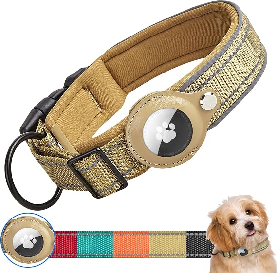 Padded Dog Collar for AirTag, Reflective Waterproof Dog Collar Holder with Protective Case for Apple Airtag Dog Tracker, Durable Anti-lost Dog Collars for Small Medium Large Dogs (Khaki, M)