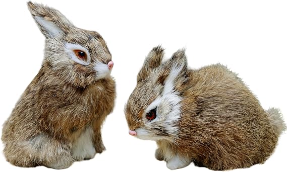 Easter Bunny Plush Figurine - 2 Piece Mini Realistic Chocolate Rabbit Staffy for Spring Basket Fillers, Home Decoration, Photoshoot Props, (Brown)