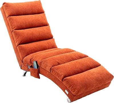 Chaise Lounge Chair, Tufted Leisure Sofa with Side Pocket, Modern Lounge Chair with Metal Legs for Bedroom, Living Room, Office, Orange-a