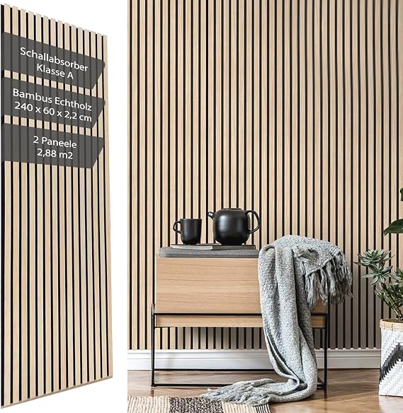 Vereg Acoustic Panels Wood 240 x 60 I Set of 2 I 22 mm High Bamboo Panels No MDF I 3D Wall Panels with Felt and Sound Insulation (Class A) I Wall