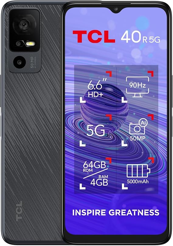 TCL 40 R 5G SMARTPHONE, 64GB plus 4GB RAM, 6.6 inches DISPLAY, 5000 mAh - DARK GREY