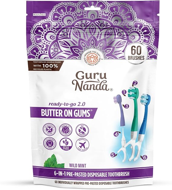 GuruNanda Disposable Travel Toothbrush 2.0, Fluoride Free Toothpaste, 60 ct