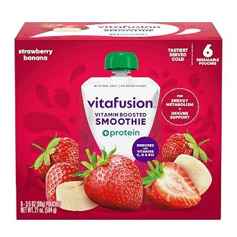 vitafusion Vitamin-Boosted Smoothie +Protein for Energy Metabolism and Immune Support, Strawberry Banana Flavor Excellent Source of Vitamins C, D, and B12, 3.5oz, 6 Count