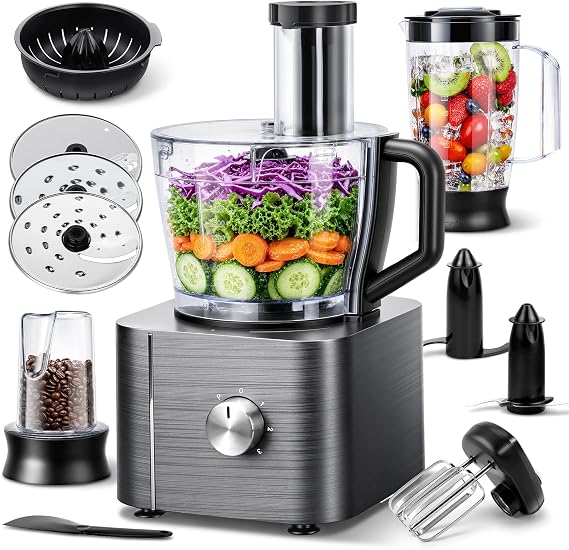 TopStrong Food Processor, 11-in-1 Food processor and Blender with Chopping Blending Kneading Grinding Whisking Juicing, 3 Speeds Plus Pulse, 3.2 L Bowl and 1.5L Jug Blender, Grey, 1100W