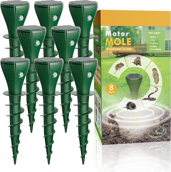 Mole Repellent Solar Powered for Lawns,Waterproof Gopher & Groundhog Repellent with Variable Sonic Vbration,Easy Twist Stakes for Yard & Garden,Get Rid of Voles Snakes