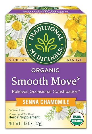 Traditional Medicinals Organic, Smooth Move Tea, Chamomile & Senna - Helps Relieve Constipation Overnight - Kosher, Non-GMO, Caffeine-Free, Compostable - 16 Tea Bags