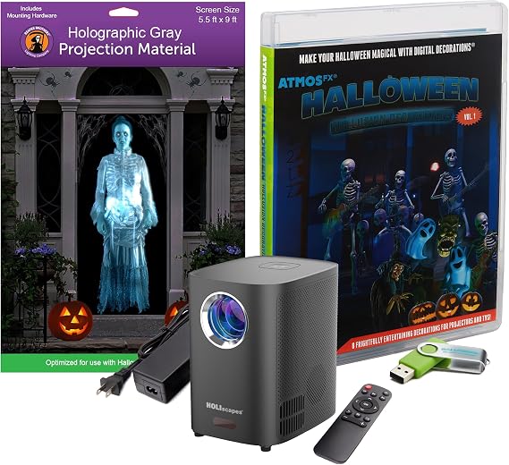HoliScapes USB Projector Kit - Halloween Hollusion + Projector + 5.5 ft x 9 ft Projection Screen