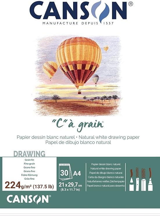 Canson "C a Grain A4 224g White Drawing & Sketching Paper Pad, 30 Sheets, Fine Grain Texture, Glued on Short Side, for Professional Artists