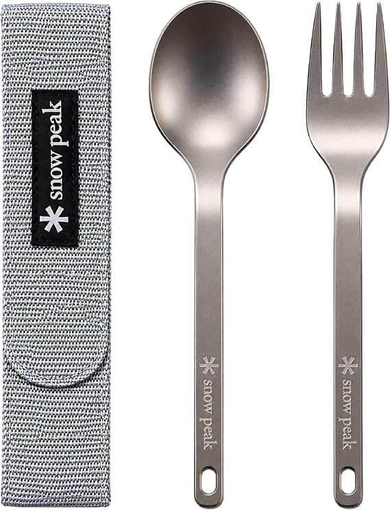 Snow Peak Titanium Fork & Spoon Set, Durable Utensils, Compact & Ultralight | Versatile use for Camping, Hiking, Backpacking and Picnics, Travel Case Included, Easy to Clean, Japanese Designed