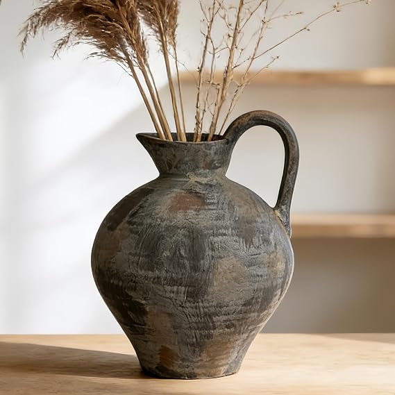 Rustic Ceramic Brown Vase with Handle,Antique 8.9 Inches Terracotta Vase for Home Decor,Living Room, Entryway,Farmhouse,Wedding and Thanksgiving Gift